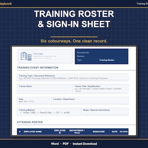 Könnte beinhalten: Eine Vorlage für ein Trainingsprotokoll und eine Anwesenheitsliste auf einem dunkelblauen Rasterhintergrund. Das Formular enthält Abschnitte für Trainingsinformationen, Trainernamen, Datum, Ort, Trainingsmethode und eine Teilnehmerliste.