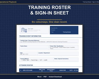 Training Sign In Sheet | Employee Training Roster & Attendance Record | Trainer Sign Off | 6 Colors | Word Template and Printable PDF
