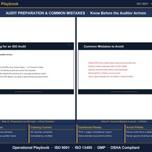 May include: An Operational Playbook document titled Audit Preparation & Common Mistakes. It features two sections: Preparing for an ISO Audit with a 4-point checklist and Common Mistakes to Avoid with 5 pitfalls. The layout includes a dark blue border with white text, summarizing compliance requirements for ISO 9001, ISO 13485, GMP, and OSHA standards.