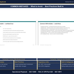 Puede incluir: Una diapositiva de un manual operativo, titulada "ERRORES COMUNES - Qu&eacute; evitar - Mejores pr&aacute;cticas integradas". La diapositiva incluye secciones sobre recorridos de libros de trabajo, errores de VSM y enlaces regulatorios. La secci&oacute;n inferior enumera las normas ISO.
