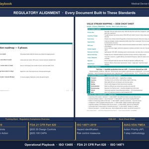 Puede incluir: Un documento titulado "Operational Playbook" con el texto "REGULATORY ALIGNMENT" y "Implementation roadmap - 5 phases". El documento tambi&eacute;n incluye informaci&oacute;n sobre ISO 13485:2016, FDA 21 CFR Part 820 e ISO 14971:2019.