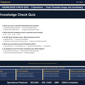 May include: A digital slide titled Knowledge Check Quiz featuring five multiple-choice questions regarding SOP management, training scores, and compliance procedures. The document includes headers for Operational Playbook, ISO 9001, and GMP Compliance.
