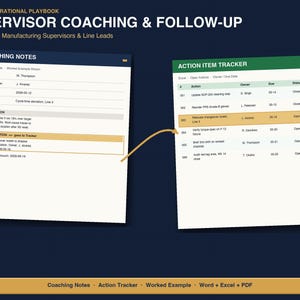 May include: An operational playbook titled Supervisor Coaching & Follow-Up for manufacturing supervisors. It displays a Coaching Notes document and an Action Item Tracker spreadsheet, connected by an arrow, with text detailing supervisor notes and task tracking.