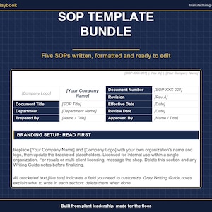 May include: A digital SOP template bundle document featuring a dark blue grid background. The text reads Operational Playbook, SOP TEMPLATE BUNDLE, Five SOPs written, formatted and ready to edit, and includes a sample document table with placeholders.