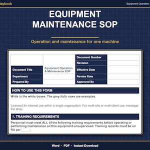 Könnte beinhalten: Eine Vorlage für ein Equipment Maintenance SOP-Dokument auf einem dunkelblauen Rasterhintergrund. Das Formular enthält Felder für Dokumentennummer, Revision, Gültigkeitsdatum, Überprüfungsdatum und Genehmigung sowie Anweisungen zur Verwendung des Formulars.