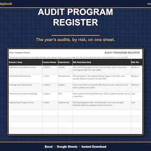 May include: An Audit Program Register template displayed on a dark blue grid background. The document features columns for Process, Owner, Department, Risk Basis, and Risk Tier, with sample data entries for calibration, maintenance, and training.