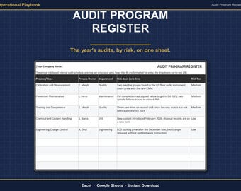 Internal Audit Schedule Template | Audit Program Register | Annual Audit Plan for Quality Management | Excel & Google Sheets
