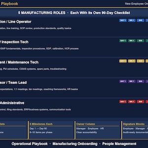 May include: An operational playbook for a new employee onboarding system featuring five manufacturing roles: Production, Quality, Equipment, Supervisor, and Office. Each role includes a 90-day checklist with milestones for Day 1, Week 1, Day 30, Day 60, and Day 90.