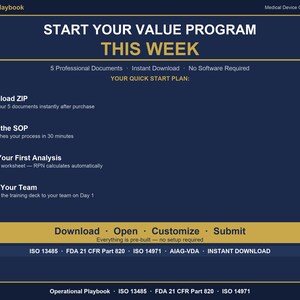 Puede incluir: Un gr&aacute;fico azul marino con texto blanco que dice "COMIENCE SU PROGRAMA DE VALOR ESTA SEMANA". El gr&aacute;fico incluye un plan de inicio r&aacute;pido con pasos para descargar, leer, ejecutar un an&aacute;lisis y capacitar a un equipo. El gr&aacute;fico tambi&eacute;n incluye el texto "Descargar, Abrir, Personalizar, Enviar".
