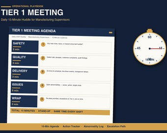 Daily Huddle Board and Tier 1 Meeting Template | Huddle Agenda, Action Tracker, Escalation Log | Manufacturing Shift Meeting Excel Kit