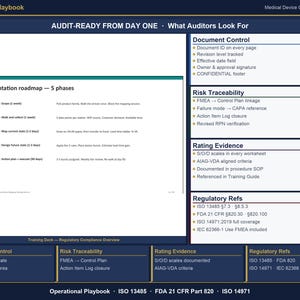 Puede incluir: Un documento azul y blanco titulado "Operational Playbook" con el texto "Audit-Ready From Day One". Incluye una hoja de ruta de implementaci&oacute;n con cinco fases y secciones sobre control de documentos, trazabilidad de riesgos, evaluaci&oacute;n y referencias regulatorias.