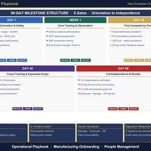 May include: An Operational Playbook chart for a New Employee Onboarding System. It outlines a 90-day milestone structure with five gates: Day 1, Week 1, Day 30, Day 60, and Day 90. Each section lists specific tasks, checklists, owners, and sign-off requirements.