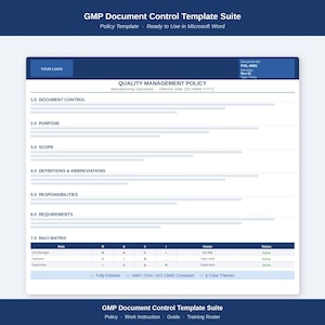 May include: A white document template with a dark blue header and footer. The text "GMP Document Control Template Suite" is at the top. The document includes sections for document control, purpose, scope, and a RACI matrix.