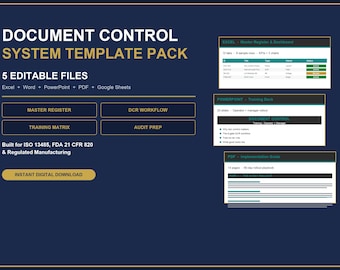 Document Control Register Excel Template | Master Register, Change Request Workflow, Training Matrix | ISO 13485 FDA 21 cfr 820 QMS
