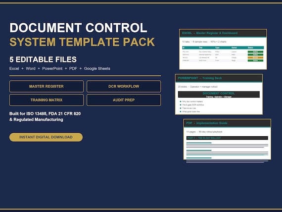 Document Control Register Excel Template | Master Register, Change Request Workflow, Training Matrix | ISO 13485 FDA 21 cfr 820 QMS