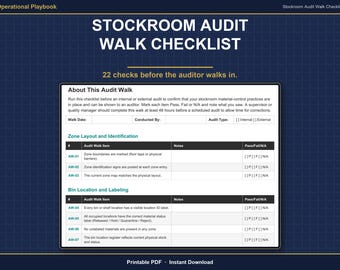 Warehouse Audit Checklist | Stockroom Audit Walk Checklist | 22 Point Pre Audit Walk with Score Summary | Printable PDF