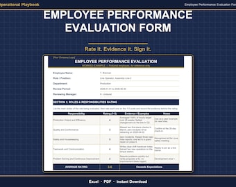 Employee Performance Evaluation Form | Performance Review Template | Manufacturing | Excel & Printable PDF | 1-5 Rating and Root Cause