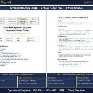 May include: An Operational Playbook document for ISO 9001 and GMP compliance. The layout includes an implementation guide, a 5-phase rollout plan, an 8-week timeline, a table of contents, and detailed instructions for Phase 1 inventory and assessment.