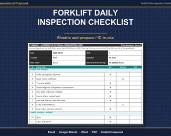 Lista de verificación de inspección diaria de montacargas / Registro previo al turno para montacargas eléctricos y de gas propano (LP) / Imprimir tarjetas / Excel, Google Sheets, Word, PDF