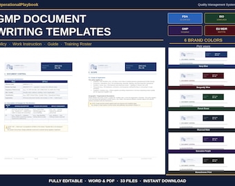 GMP Document Templates Word | Policy, Work Instruction and SOP Writing Templates | Training Roster | Fda 21 cfr 820 Iso 13485 | 6 Colors