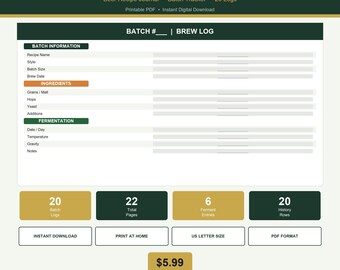 Homebrew Brew Log PDF | Beer Recipe Journal | Batch Tracker | Printable Log Book | Instant Download