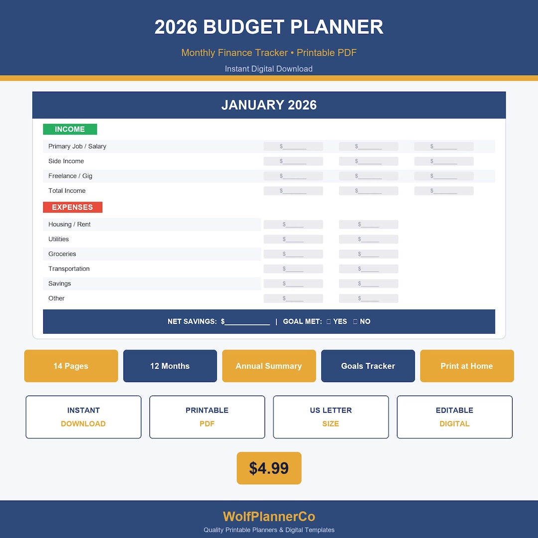 2026 Budget Planner PDF | Monthly Finance Tracker | Printable Budget