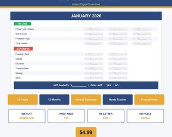 2026 Budget Planner PDF | Monthly Finance Tracker | Printable Budget Worksheet | Instant Download