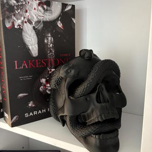 May include: A black skull ornament entwined with a snake, positioned on a white shelf alongside a book. The book cover displays a snake design and the title "LAKESTONE" in pink lettering.