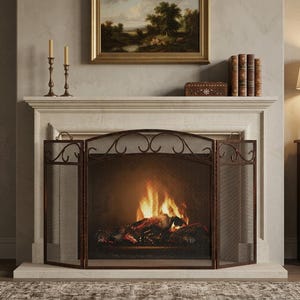 May include: A three-panel fireplace screen made of dark brown metal with a fine mesh center and decorative scrollwork along the top edge. The screen features a central arched section flanked by two side panels, designed to stand before a hearth.