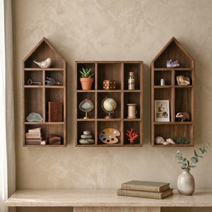 May include: Three dark wood wall shelves with multiple compartments. Two shelves are house-shaped with pointed tops, and one is a square grid. The shelves contain various small decorative objects including a globe, stones, a plant, and books.