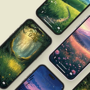 May include: Several smartphones displaying nature-themed wallpapers. The screens showcase landscapes with forests, fields of flowers, and mountain scenes. The time is displayed on some screens. The phones have black bezels and are arranged on a light-colored surface.