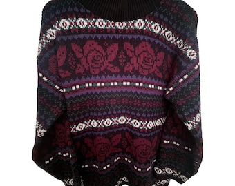 Vintage 90s Croquet Club Floral Knit Sweater Mock Neck Burgundy Rose Pattern Pullover Oversized Cottagecore Grandma Aesthetic, Pit to Pit 24