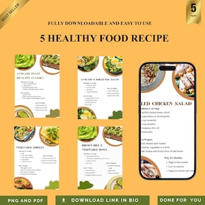 5 Healthy Food Recipe PNG PDF Digital Meal Prep Guide Clean Eating Nutrition Plan Easy Dinner Ideas Weight Loss Foodies Kitchen Wall Decor