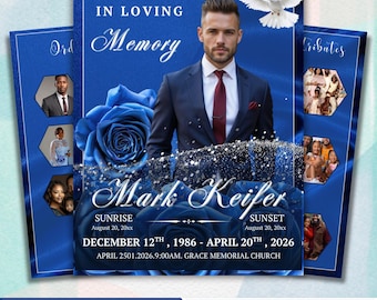 Funeral Program Template for Men, 8-Page Royal Blue Obituary Memorial Program, Celebration of Life Canva Template 11x17 Download