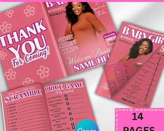 14-Page Princess Baby Shower Activity Booklet Canva, Pink Baby Shower Games Magazine Style, Editable Baby Girl Party Activity Book Printable