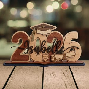 Op de afbeelding: Houten afstudeerdecoratie met het jaar 2025, de naam "Isabella", een afstudeerhoed, een diploma en een "Class of"-embleem. De cijfers en naam zijn donkerbruin, met andere elementen in lichter hout. De basis is blauw.