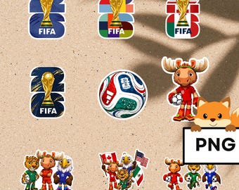 Pacote de figurinhas DTF UV da Copa do Mundo de 2026 em PNG | Pacote de imagens de mascotes | Gráficos de futebol dos EUA, Canadá e México | Download instantâneo