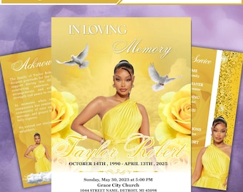 Honey Yellow Floral 8 Page Funeral Memorial Template, 17x11 Bifold Obituary Program, Elegant Celebration of Life Template, In Loving Memory