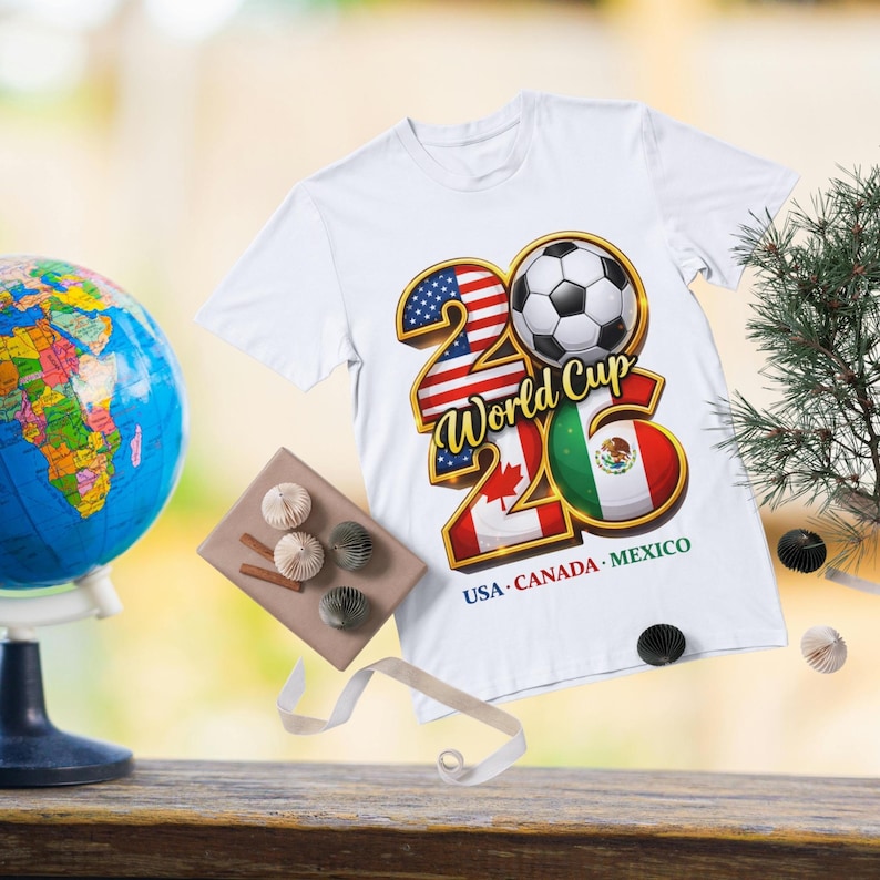 Pode incluir: Camiseta branca com um gr&aacute;fico colorido para a Copa do Mundo de 2026. O design inclui uma bola de futebol, os n&uacute;meros 20 e 26 e as bandeiras dos EUA, Canad&aacute; e M&eacute;xico. O texto "World Cup" tamb&eacute;m est&aacute; presente.