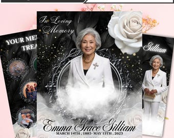 8 Page White & Black Roses Funeral Program Template, Memorial Program Book, Celebration of Life Obituary, In Loving Memory Canva Download