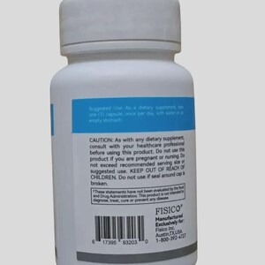 K&ouml;nnte beinhalten: Wei&szlig;e Erg&auml;nzungsflasche mit blauem Etikett. Das Etikett enth&auml;lt Text zur empfohlenen Anwendung und Vorsichtshinweise. Die Flasche hat einen wei&szlig;en Deckel und einen Barcode am Boden. Hergestellt von Fisico Inc.