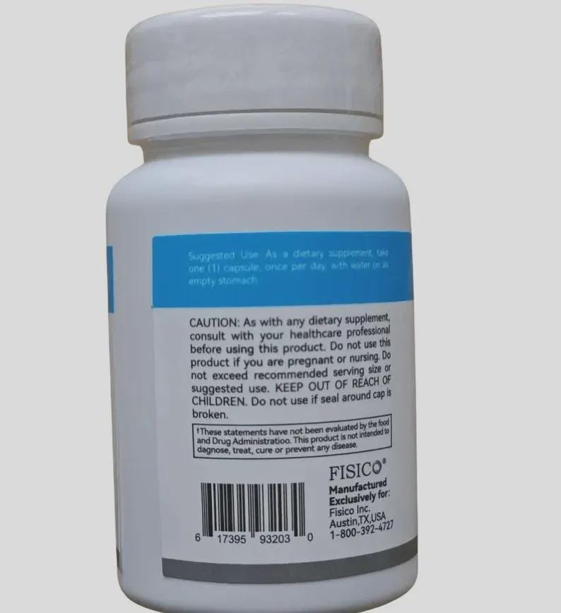 K&ouml;nnte beinhalten: Wei&szlig;e Erg&auml;nzungsflasche mit blauem Etikett. Das Etikett enth&auml;lt Text zur empfohlenen Anwendung und Vorsichtshinweise. Die Flasche hat einen wei&szlig;en Deckel und einen Barcode am Boden. Hergestellt von Fisico Inc.