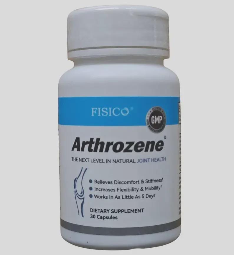 K&ouml;nnte beinhalten: Eine wei&szlig;e Flasche des Nahrungserg&auml;nzungsmittels Arthrozene mit einem blauen Band. Das Etikett enth&auml;lt den Markennamen "FISICO" und den Produktnamen "Arthrozene". Es listet auch Vorteile wie die Linderung von Beschwerden und Steifheit auf. Enth&auml;lt 30 Kapseln.