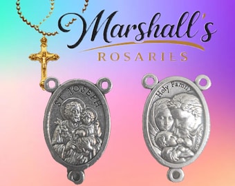 Set aus 2 Rosenkranz-Tischdekorationen mit dem Motiv des Heiligen Josef und der Heiligen Familie auf der Rückseite.