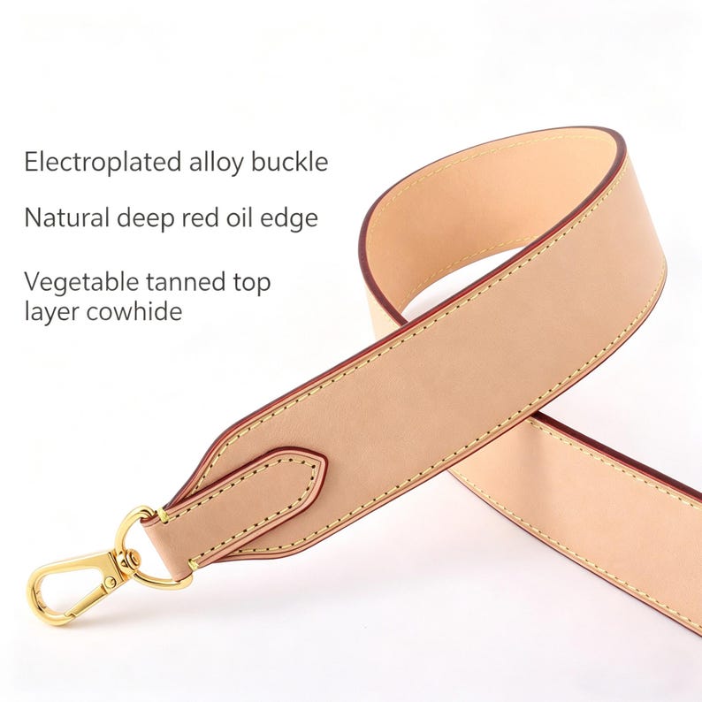 May include: A light beige leather strap with a gold-colored metal clasp. The strap has a natural deep red oil edge and is made from vegetable-tanned top layer cowhide. The text on the image reads: "Electroplated alloy buckle", "Natural deep red oil edge", and "Vegetable tanned top layer cowhide".