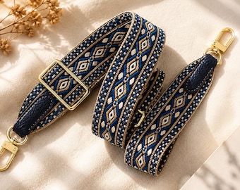 Boho Purse Strap Adjustable, Wide Woven Bag Strap Replacement, Crossbody Guitar Style Strap with Gold Hardware, Ethnic Embroidered Bag Strap