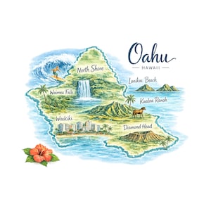 May include: Watercolor map of Oahu, Hawaii, featuring key locations like Waikiki, Diamond Head, and North Shore. Includes a surfer, waterfall, and a vibrant hibiscus flower. The word "Oahu" is written in cursive.
