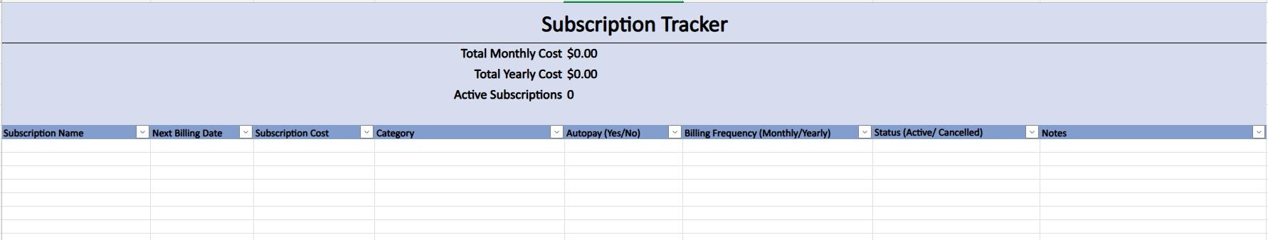 Subscription Tracker Excel Template | Simple Finance Budget Organizer ...