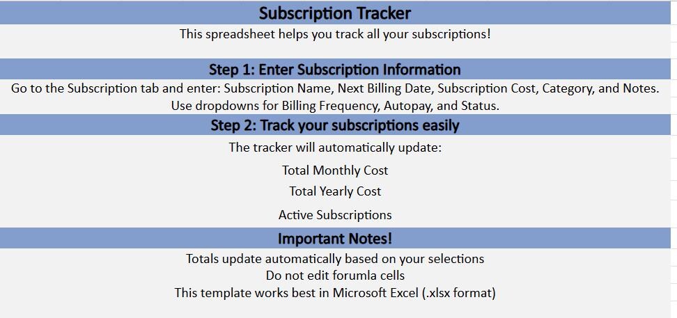 Subscription Tracker Excel Template | Simple Finance Budget Organizer ...