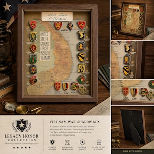 May include: A framed shadow box featuring Hat Tacs military insignia and a vintage map of Vietnam. The box includes various military badges and the text "Hat Tacs Collection" and "Vietnam War Shadow Box".